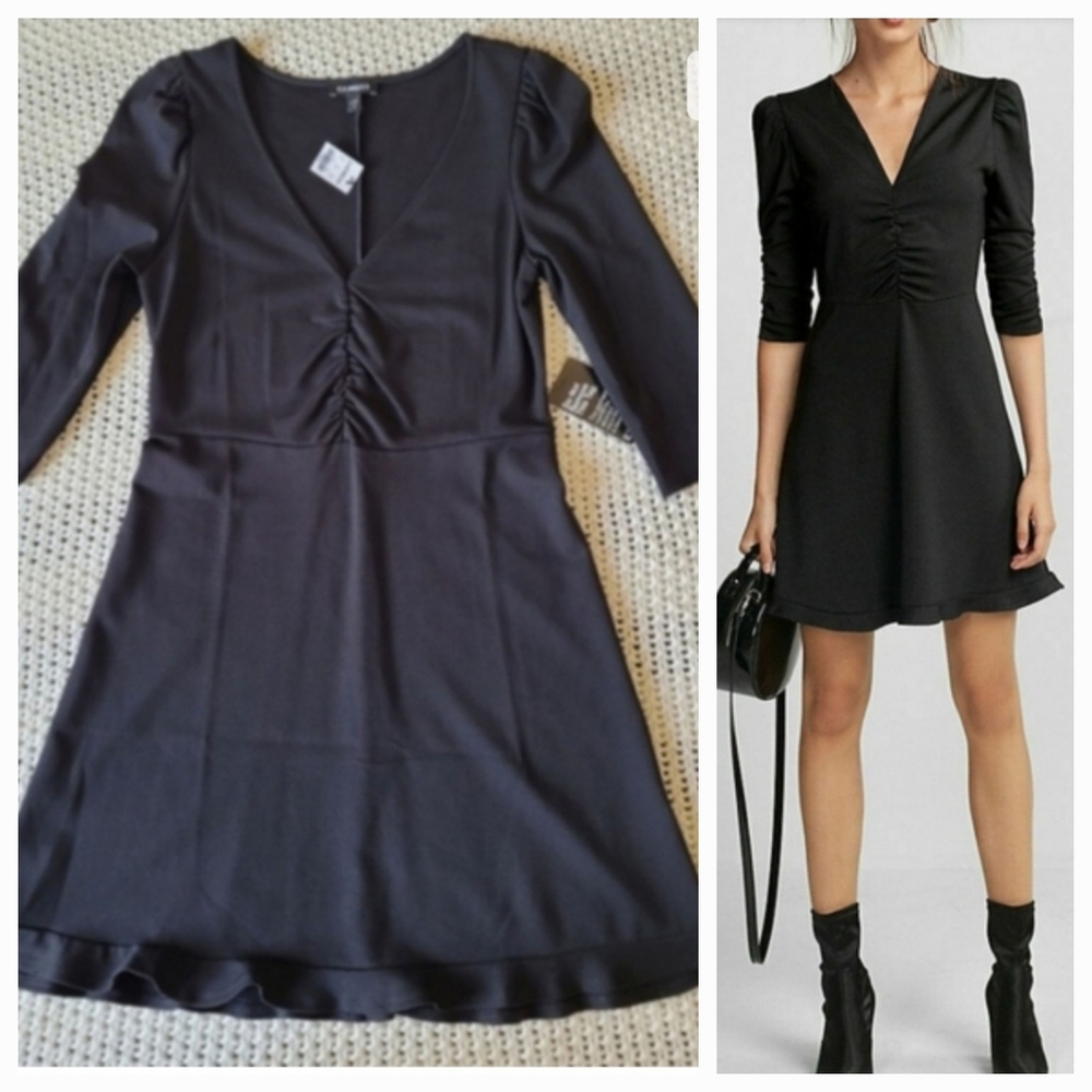 Express Ruffle Hem Fit & Flare V-neck Minidress, Black